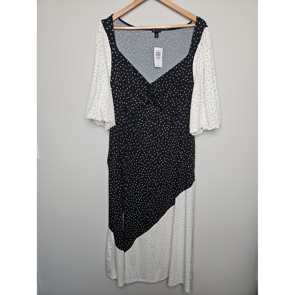 Torrid Maxi Dress 1X Black Babydoll Studio Knit Mix Dot Print Pin Up Retro Mod